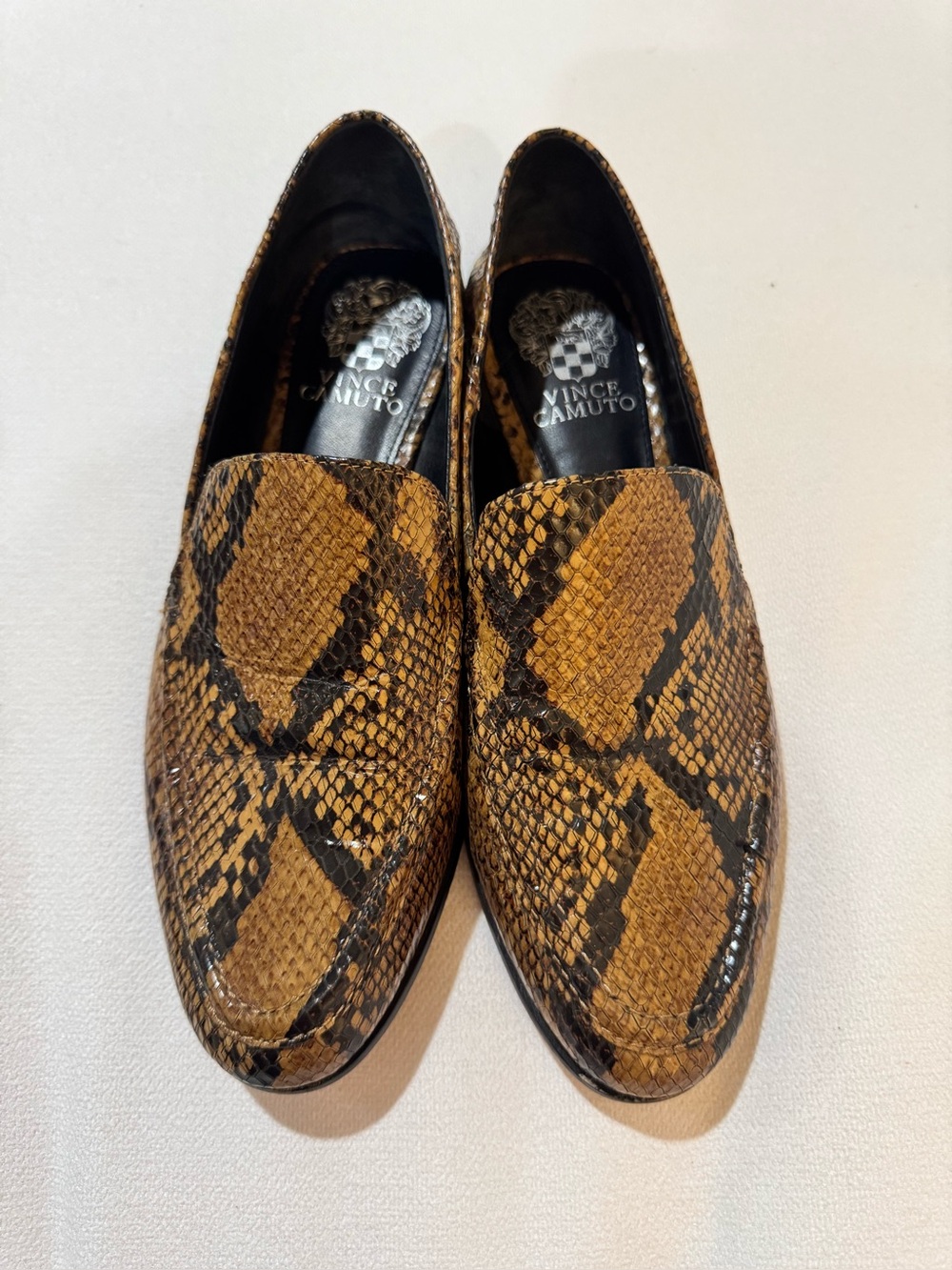 Vince Camuto Tan and Black Snake-Print Slip-On Loafers